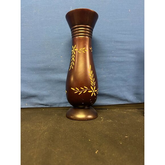 Handcrafted Wooden Vase With Yellow Leaf Design 10" Tall - Picture 1 of 2